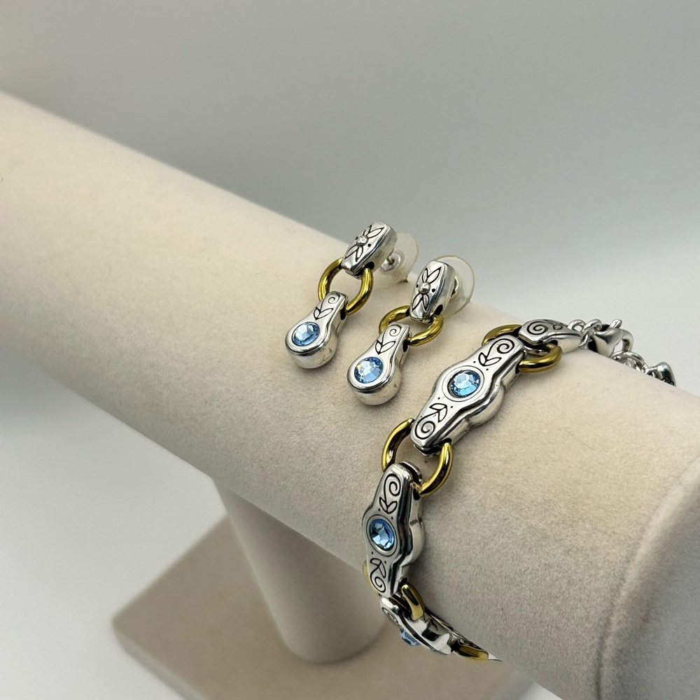 Brighton Celestial Blue Bracelet & Earrings Set Blue Crystals Two-tone Links - Picture 2 of 13